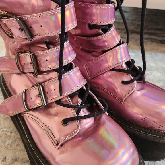 Demonia pink iridescent holographic platform combat boots size 10 - Picture 10 of 12